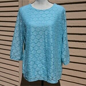 D&Co Blue Raised Dots Geo Lace Top 3/4 Sleeves Lined Bodice Size XL